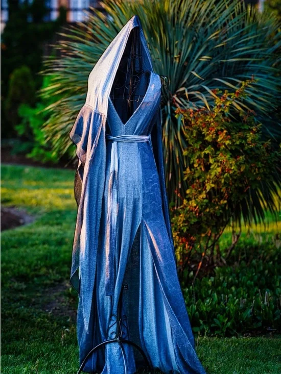 Zhenabia Blue Linen Hooded Maxi Dress - Ethereal Bohemian Goddess Vibes - Picture 4 of 6